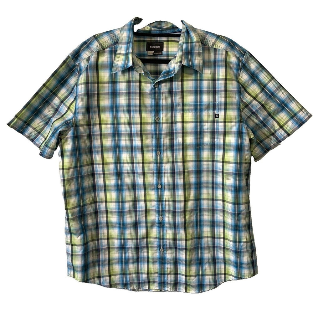 Marmot Mens XL Plaid Shirt Green Blue Short Sleeve Button Up Performance